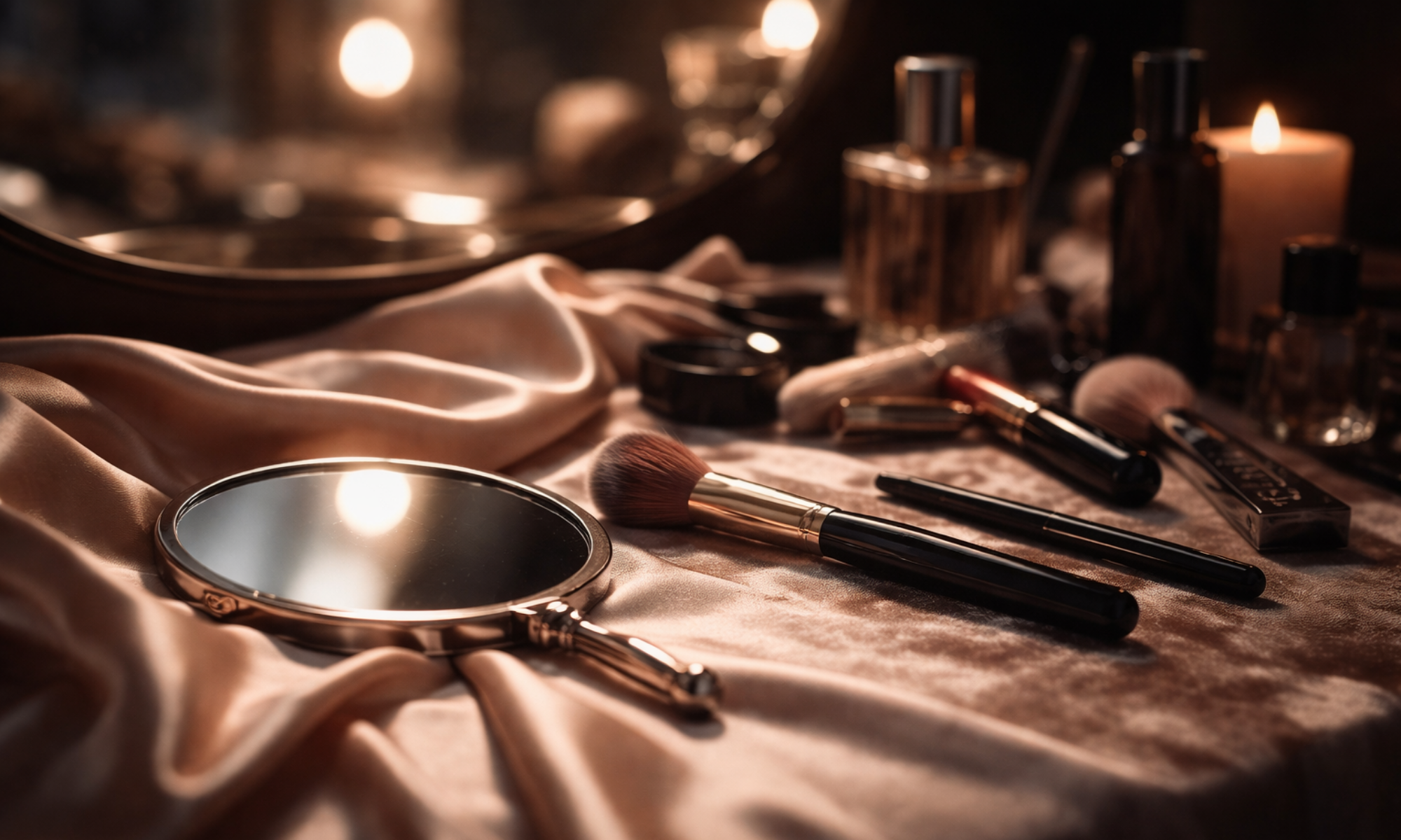 Eleganter Schminktisch in einem dunklen Fotostudio: Make-up-Pinsel, Lippenstift und ein Handspiegel liegen auf champagnerfarbenem Satinstoff, stimmungsvoll ausgeleuchtet, ohne sichtbare Personen.