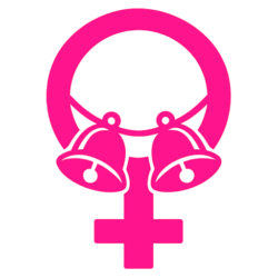 Stilisiertes pinkes Icon mit Venus-Symbol und zwei Glöckchen auf transparentem Hintergrund.